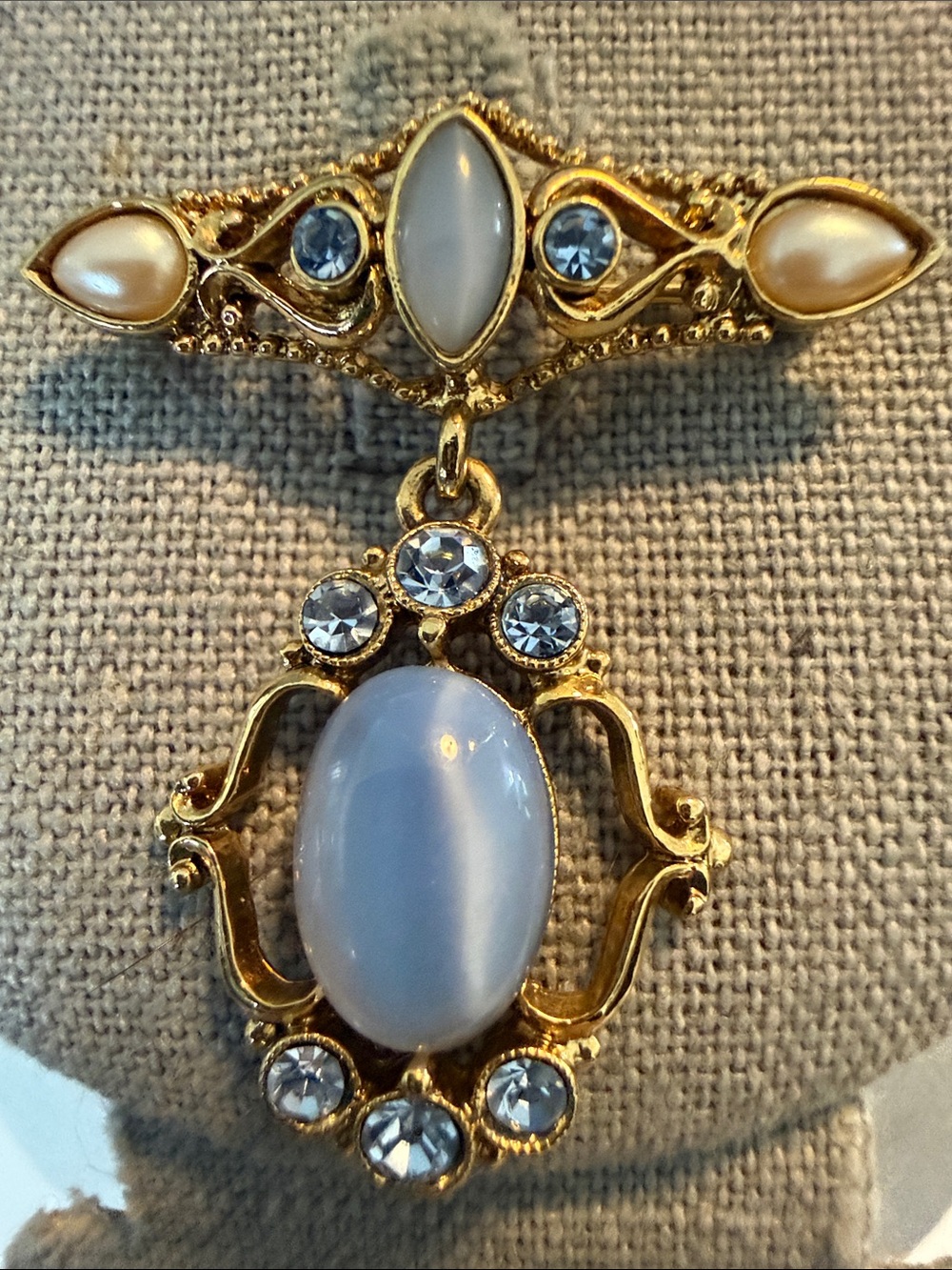 Gold-Tone Blue Cat's Eye & Pearl Accent Brooch by